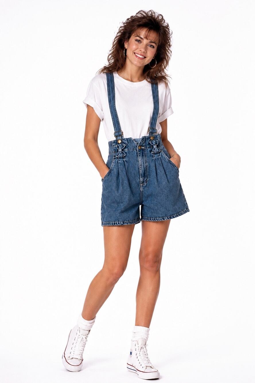1990s QS International Denim Suspender Shorts Bow Detail High Rise Cotton Medium